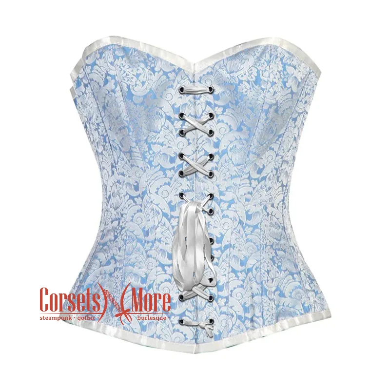 Corset underbust style-Blue And White Brocade Burlesque Gothic Overbust Corset Bustier Top