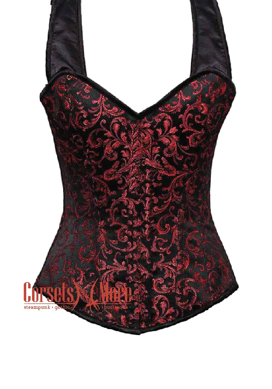 Corset dress with long sleeves-Red and Black Brocade with NO Front Opening Overbust Corset With Shoulder Straps