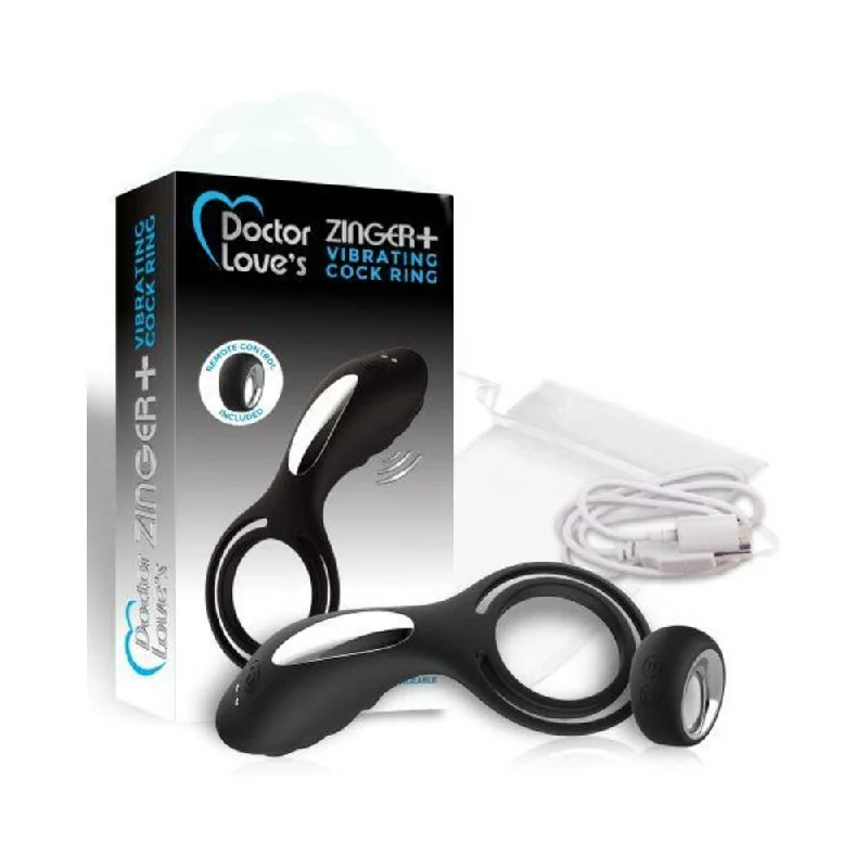 cock ring hot item-DOCTOR LOVE ZINGER+ VIBRATING RECHARGEABLE COCK RING W/ REMOTE BLACK