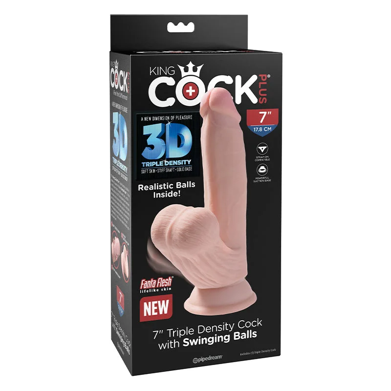 firm-dildo-Pipedream King Cock Plus 7 in. Triple Density Cock With Swinging Balls Realistic Suction Cup Dildo Beige