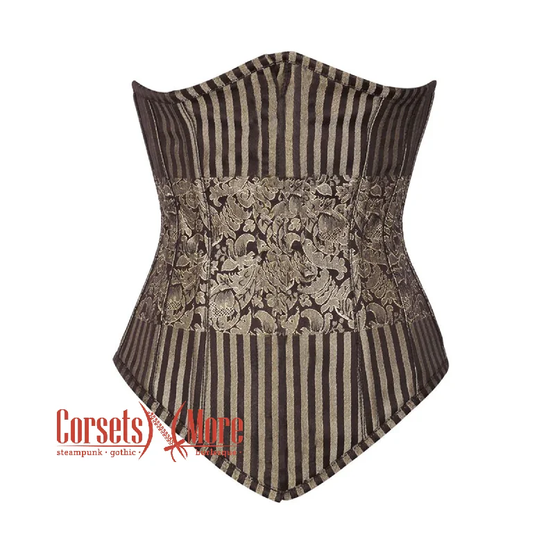 Corset top with high neck-Plus Size Brown and Golden Brocade With Front Close Gothic Long Underbust Waist Training Bustier Corset