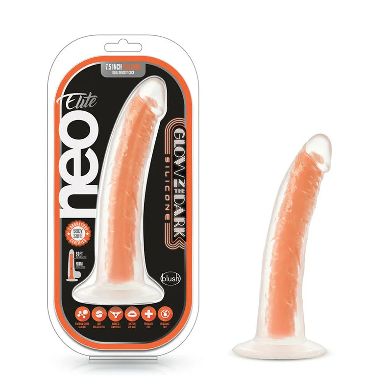 multi-speed-dildo-Blush Neo Elite Glow in the Dark Lavo 7 in. Silicone Dual Density Dildo with Suction Cup Neon Orange