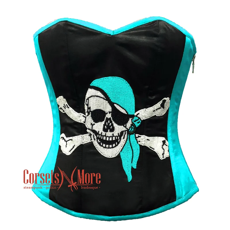 Corset with floral applique-Plus Size Baby Blue and Black Satin Pirate Sequins Costume Bustier Steampunk Waist Cincher Overbust Top