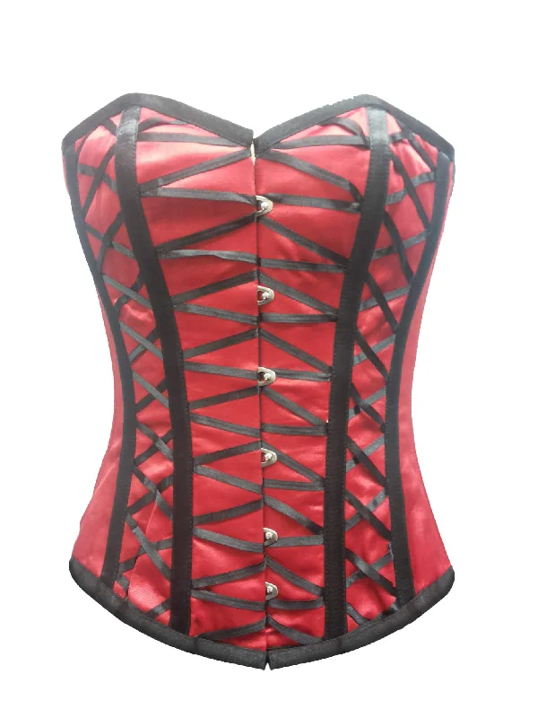 Corset for pirate costume-Red Satin Black Bondage Lacing Gothic Burlesque Corset Waist Training Overbust