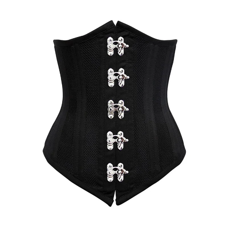 Corset with satin ribbons-Plus Size Black Cotton Mesh Double Boned Front Clasps Long Underbust Steampunk Corset