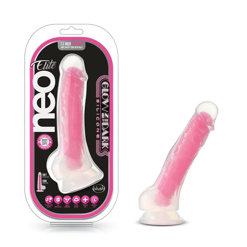 studded-dildo-Blush Neo Elite Glow in the Dark Paradise 7 in. Silicone Dual Density Dildo with Suction Cup Neon Pink