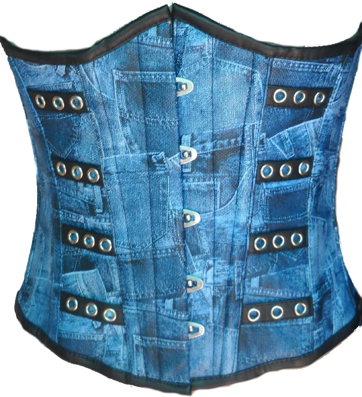 Corset for cosplay costumes-Blue Denim Print Faux Leather Waist Cincher Front Open Busk Underbust Women Corset Costume