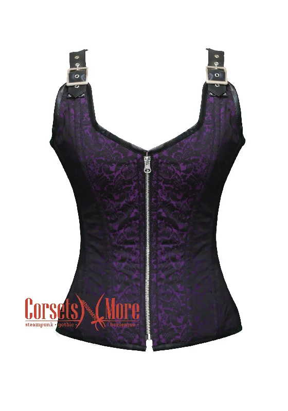 Corset top with square neckline-Purple and Black Brocade Overbust Corset With Straps Boned Outerwear Costume Bustier Top