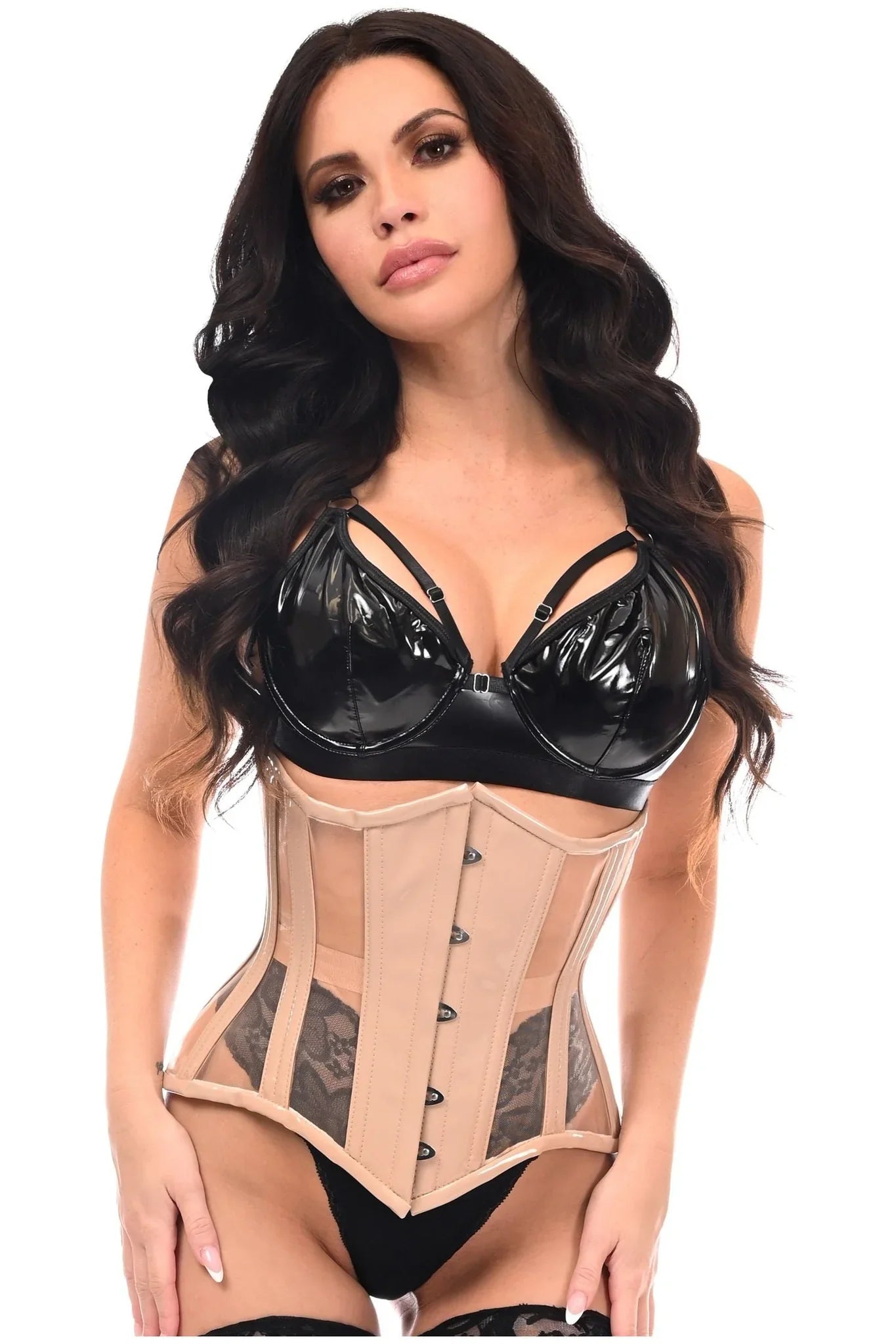 Sex toys with sleek finish-Queen Top Drawer Patent & Mesh Steel Boned Underbust Corset