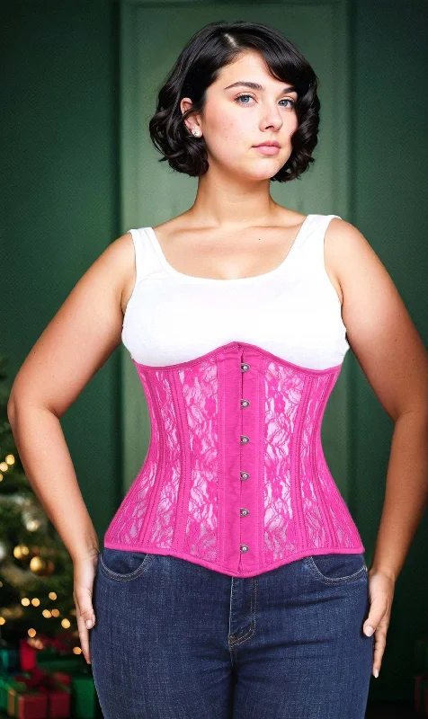 Corset in nude tone-Underbust Fuchsia Mesh with Lace Long Corset