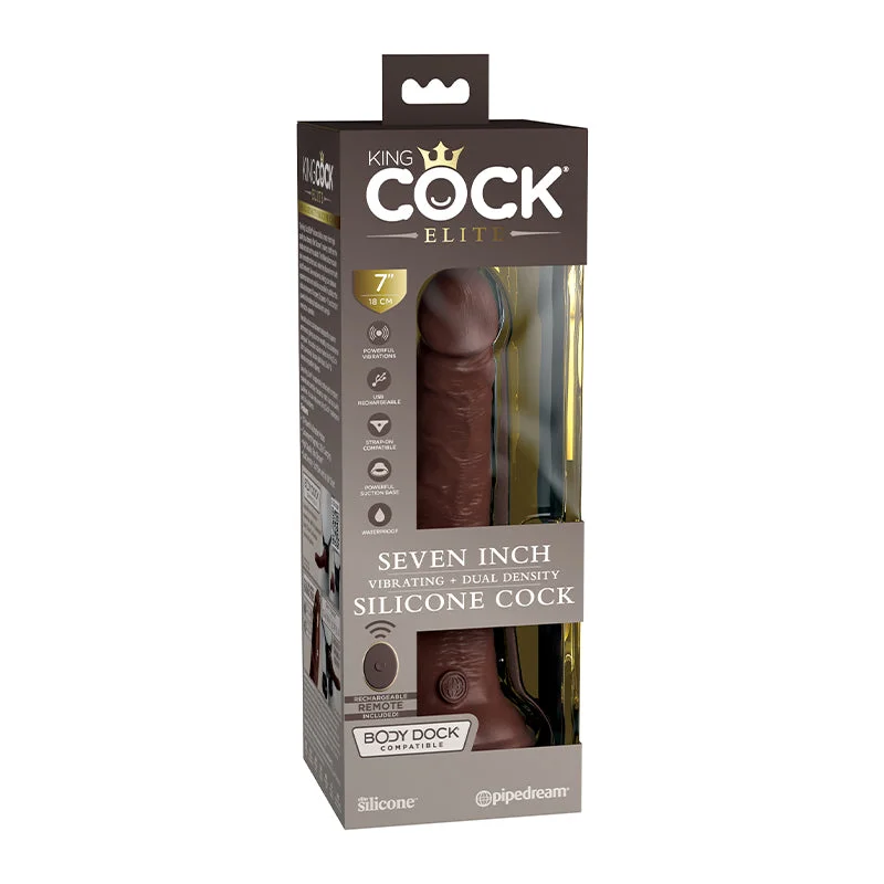 UV-reactive-dildo-Pipedream King Cock Elite 7 in. Vibrating Dual Density Silicone Cock Rechargeable Remote-Controlled Realistic Dildo With Suction Cup Brown