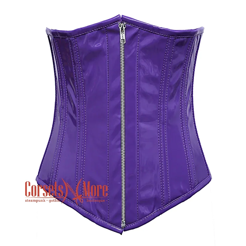 Corset dress with layered skirt-Plus Size  Purple PVC Leather With Front Silver Zipper Gothic Long Underbust Waist Training Corset