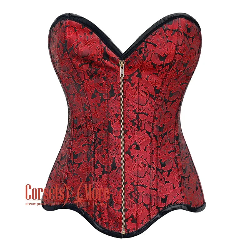 Corset in nude tone-Plus Size Red Brocade Curvy Design Front Zipper Steampunk Gothic Overbust Corset