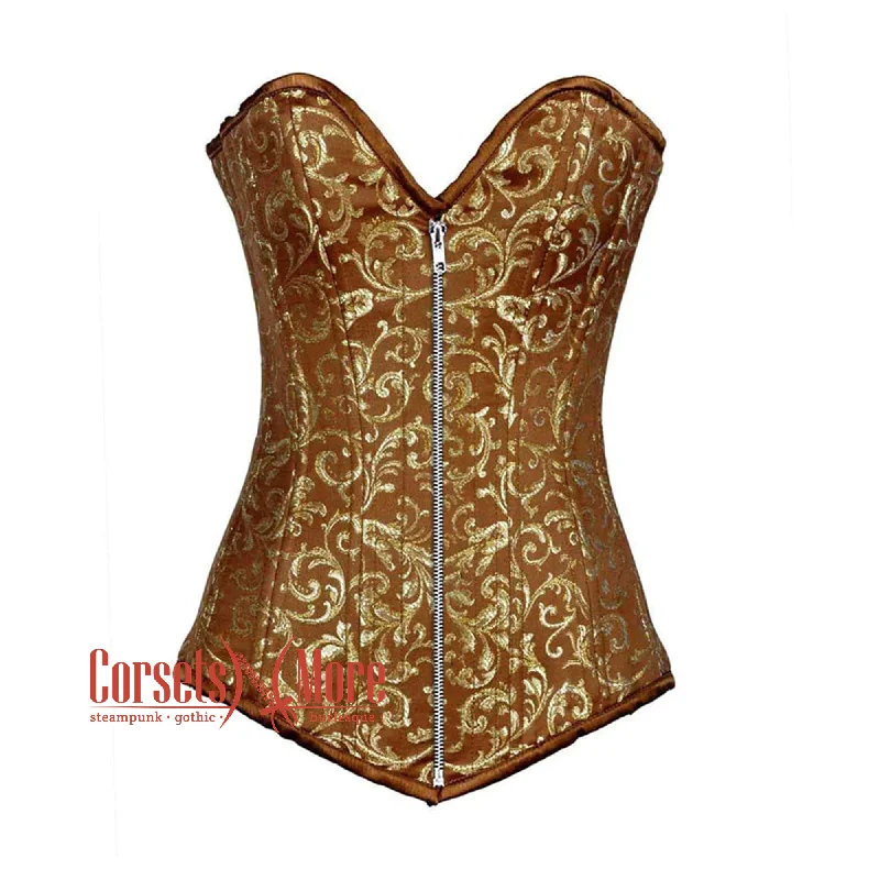 Corset with hidden hooks-Brown And Golden Brocade Long Front Zipper Burlesque Gothic Overbust Corset