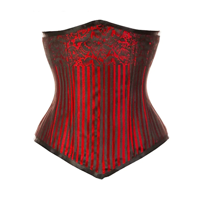 Corset dress with peplum skirt-Plus Size Red Brocade Double Boned Long Front Close Underbust Steampunk Corset