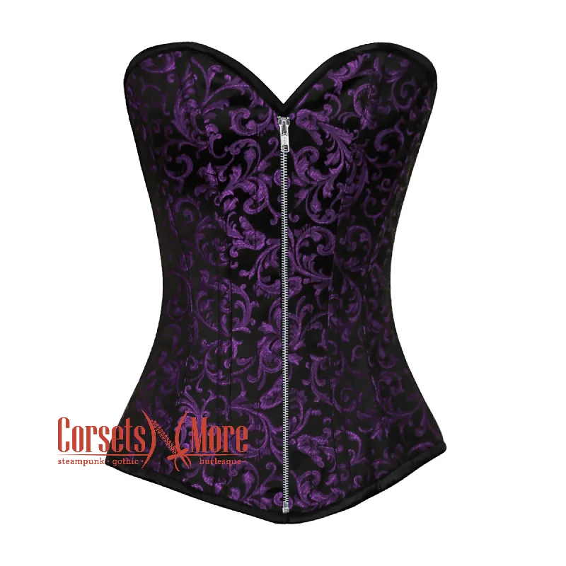 Corset dress with long train-Purple And Black Brocade Front Zipper Gothic Corset Overbust Top