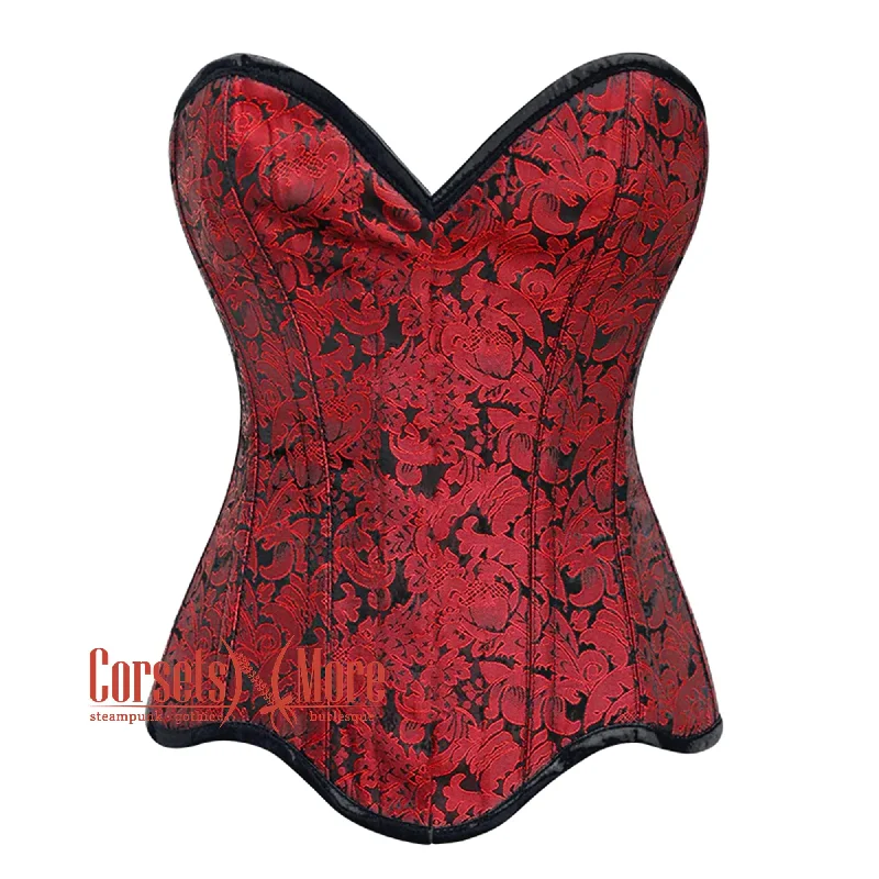 Corset with spiral boning-Plus Size Red Brocade Curvy Design Front Closed Steampunk Gothic Overbust Corset