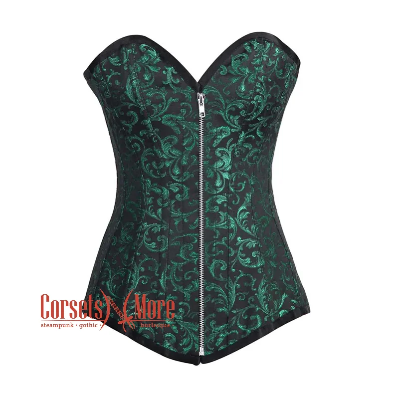 Corset dress with flared skirt-Green And Black Brocade Longline Front zipper Gothic Corset Burlesque Overbust Costume