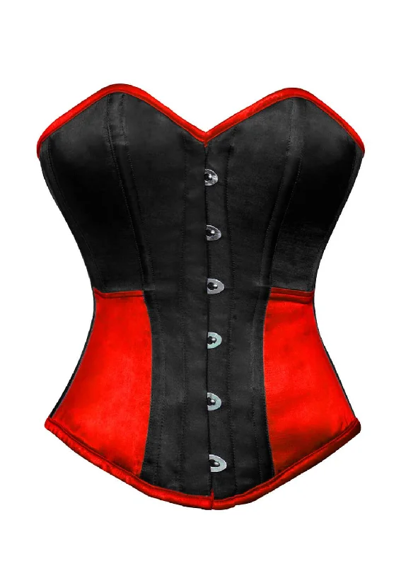 Corset for sleek silhouette-Black Red Satin Corset Gothic Burlesque Waist Training Bustier Overbust Costume