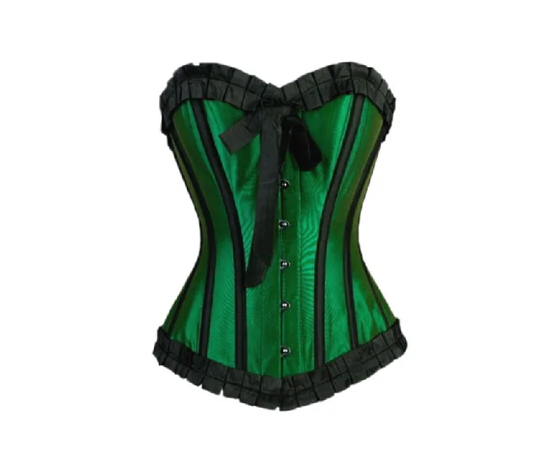 Corset with ribbon lacing-Green Satin Black Frill Retro Burlesque Waist Training Bustier Overbust Corset