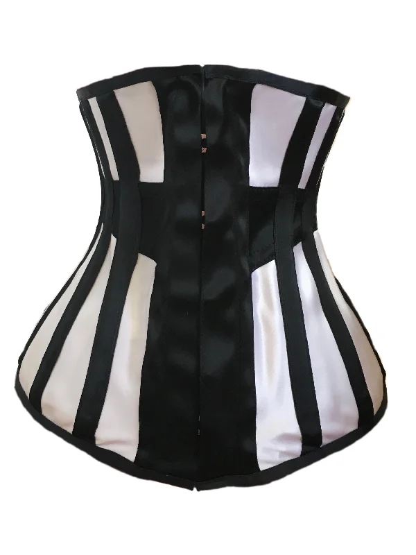 Corset in black satin-Longline Underbust Corset in Black / White Contrast