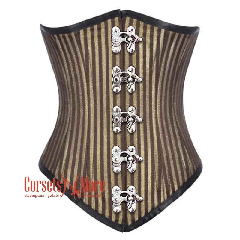 Corset top with flared hem-Plus Size Brown and Golden Brocade With Front Silver Clasps Gothic Long Underbust Waist Training Corset