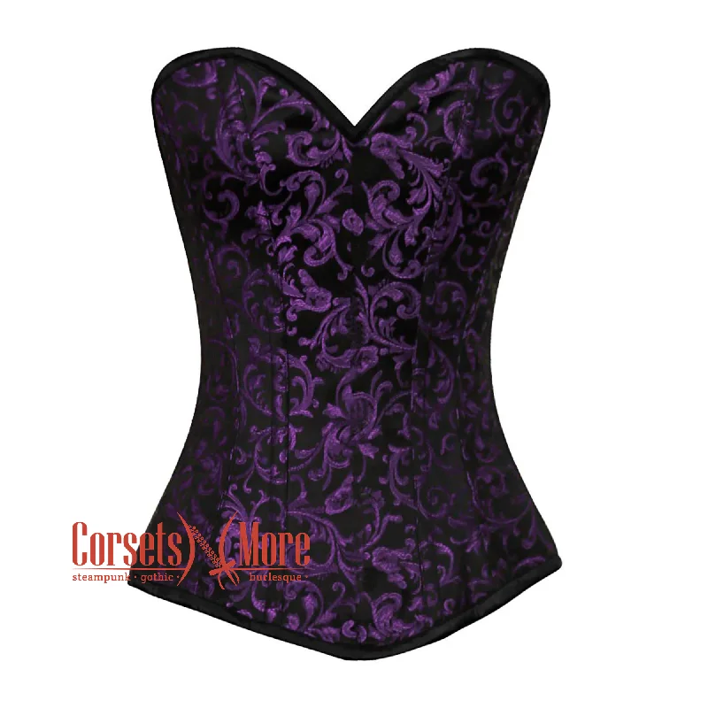 Corset top with lace overlay-Purple And Black Brocade Front Closed Gothic Corset Overbust Top