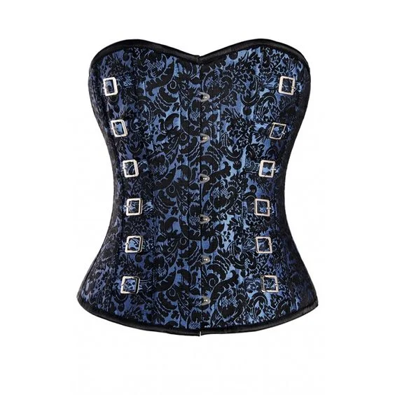 Corset for posture correction-Cataldi Blue and Black Brocade Pattern Corset with Silver Buckle Detail