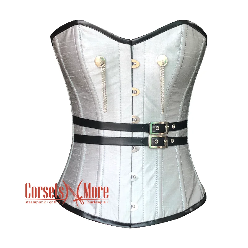 Corset with floral embroidery-Plus Size White Silver Silk Corset With Leather Belt Steampunk Overbust Waist Training Gothic Costume