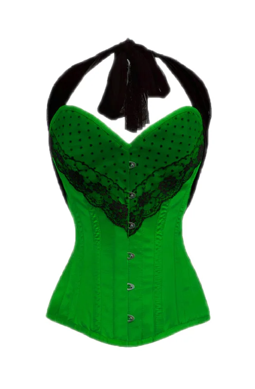 Corset with pleated front-Green Satin Corset Black Net Halter Neck Waist Training LONGLINE Overbust