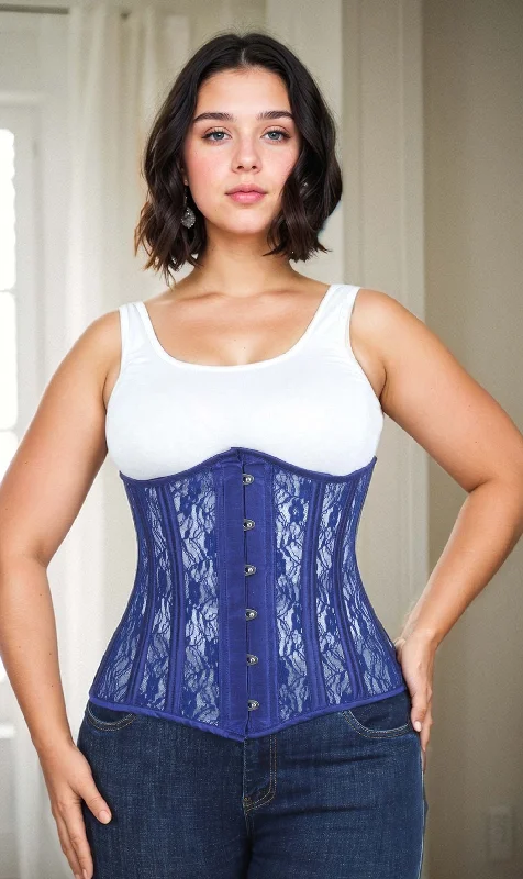 Corset top with tie-front-Blue Mesh with Lace Long Underbust Corset