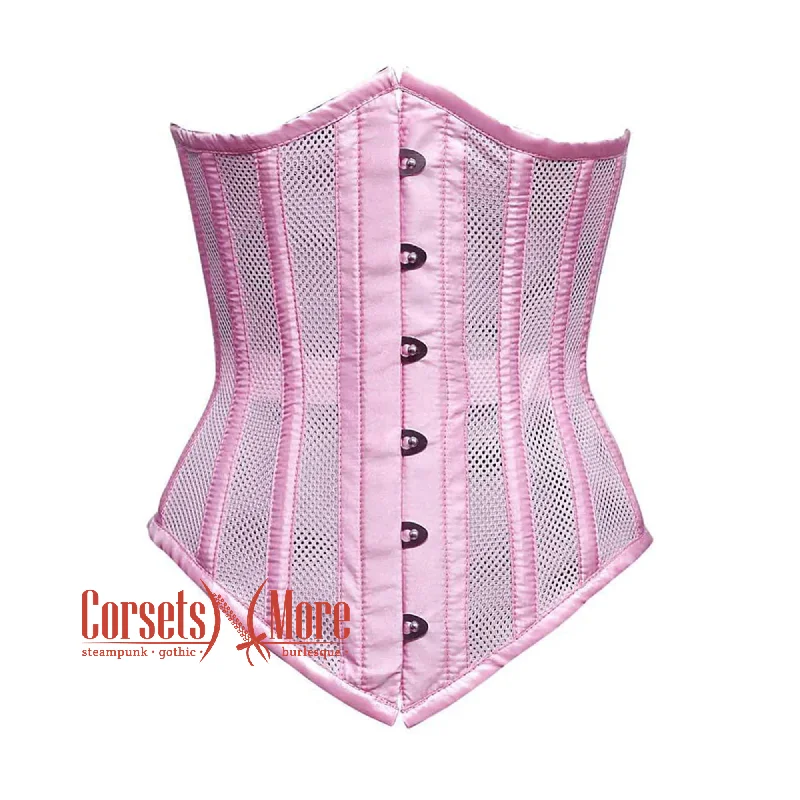 Corset for modern elegance-Plus Size Pink Satin Mesh With Front Silver Busk Long V-Shape Underbust Corset