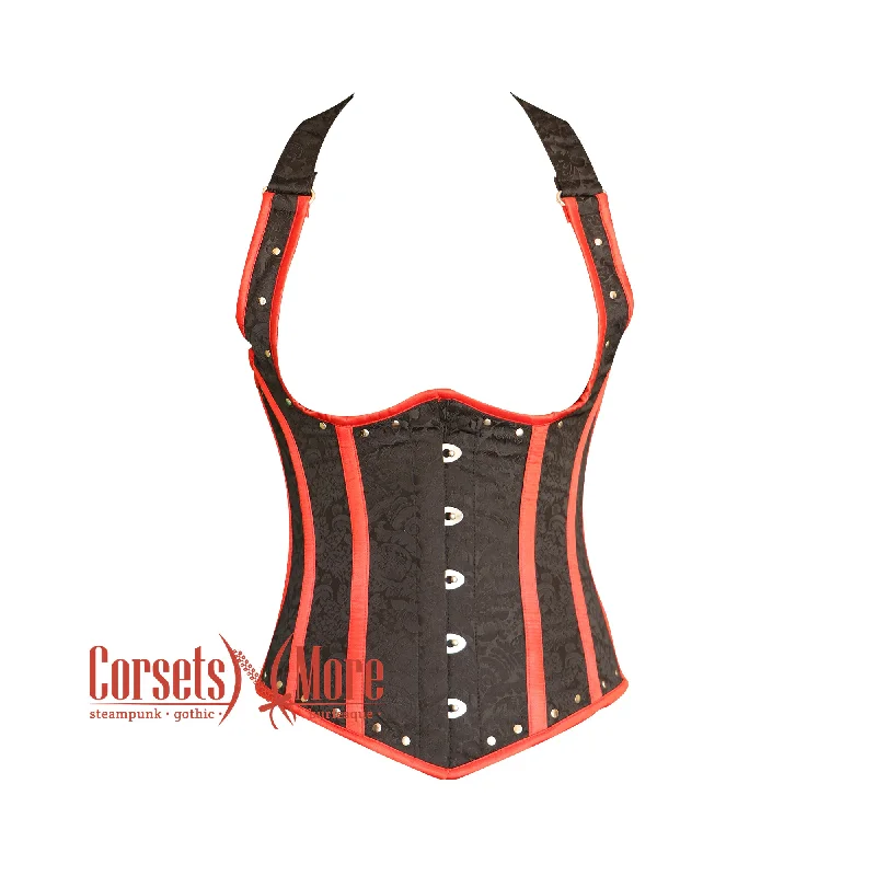 Corset for fitted look-Black Brocade Red Stripe Halter Neck Gothic Underbust Waist Cincher Corset