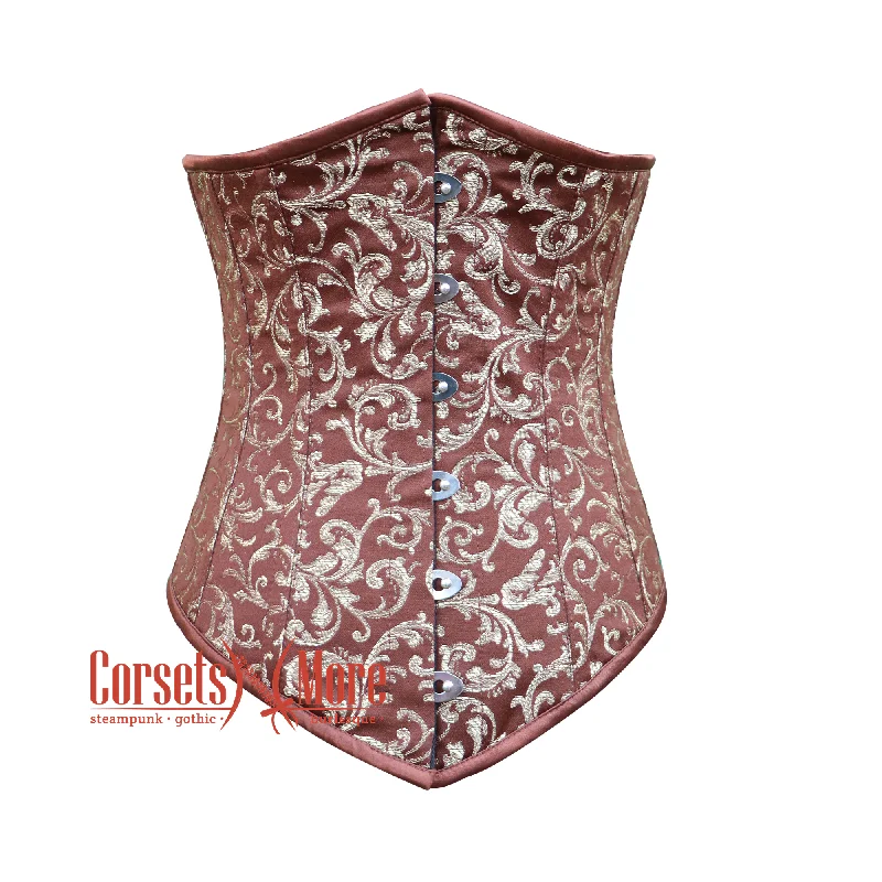 Corset with scalloped lace-Brown And Golden Brocade Sexy Underbust Waist Cincher Halloween Corset Top