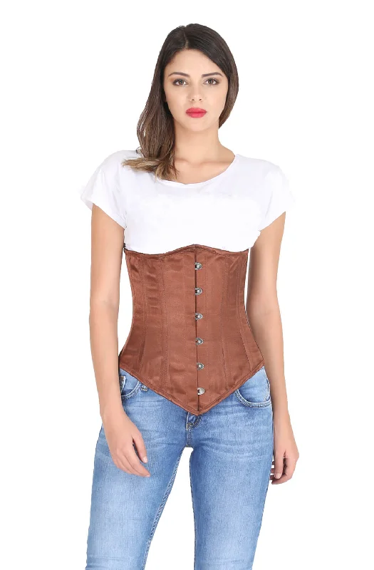 Corset top with bow details-Brown Satin Gothic Burlesque Corset Costume Waist Training LONG Underbust Bustier Top