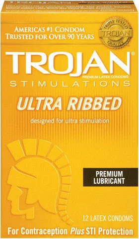 Curved G-spot dildos-Trojan Ultra Ribbed Lubricated Condoms - 12 Pack TJ94750