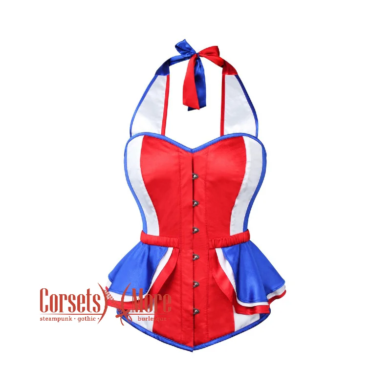 Corset with peplum design-Plus Size Red Blue Satin Peplum Corset With Strap Costume France Flag Top