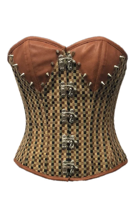 Corset top with lace overlay-Brown Checkered Print Spikes Gothic Corset Steampunk Waist Training Costume Bustier Overbust Corset Top