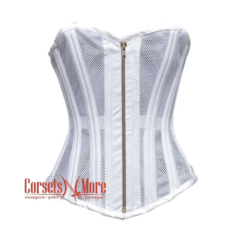 Corset with floral print-White Satin With Mesh Burlesque Gothic Overbust Corset Bustier Top