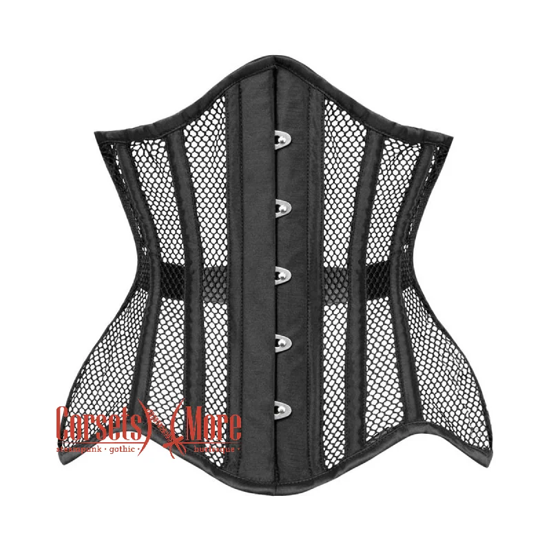 Corset dress with ruffled hem-Plus Size Black Mesh Satin Gothic Net Waist Training Underbust Corset