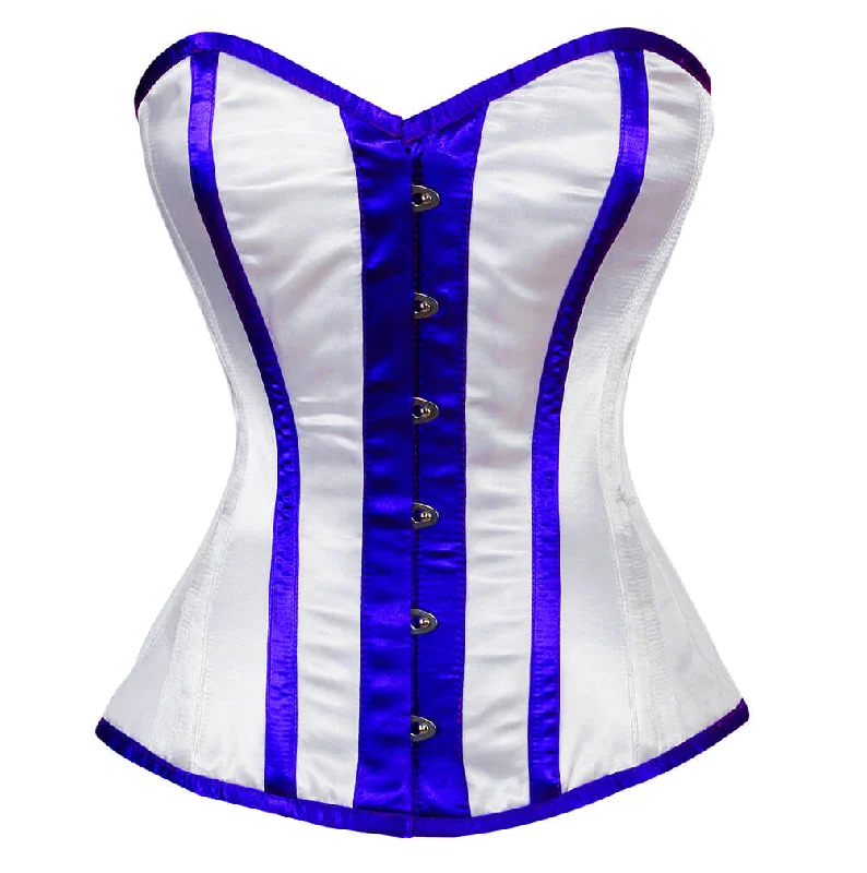 Corset for evening elegance-White Satin Corset Blue Stripes Burlesque Waist Training Overbust Top