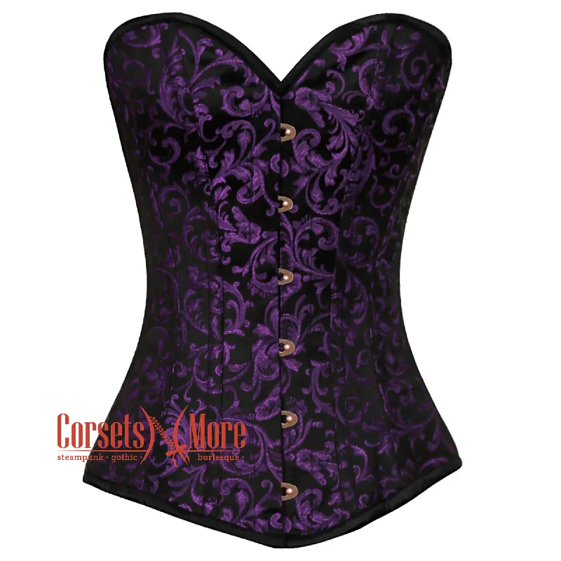 Corset with satin finish-Purple And Black Brocade Gothic Corset Burlesque Overbust Top