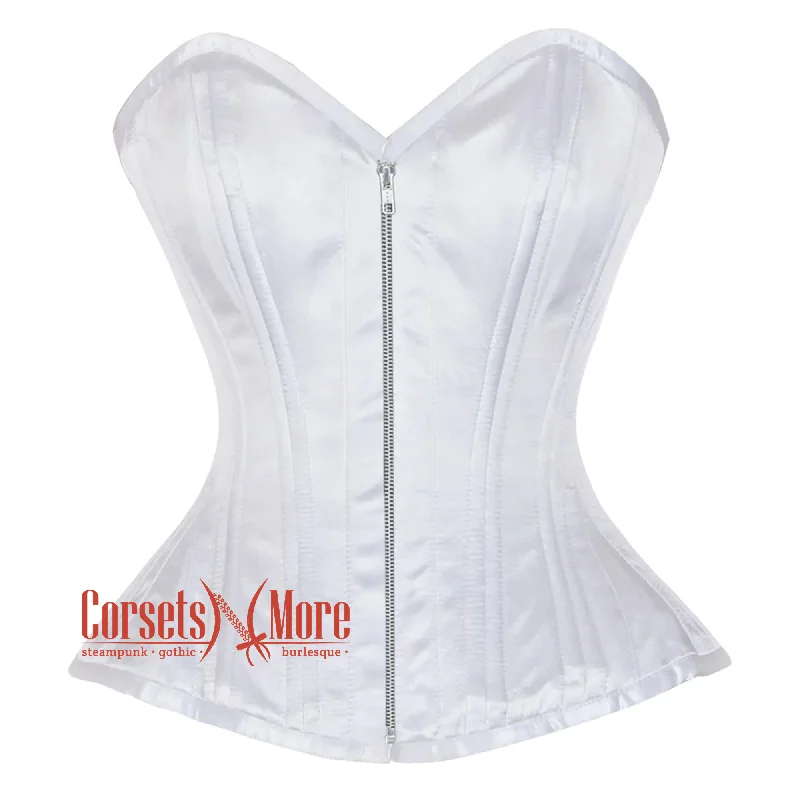 Corset top in paisley design-White Satin Burlesque Double Bone Front Zipper Waist Training Costume Gothic Corset Overbust Top