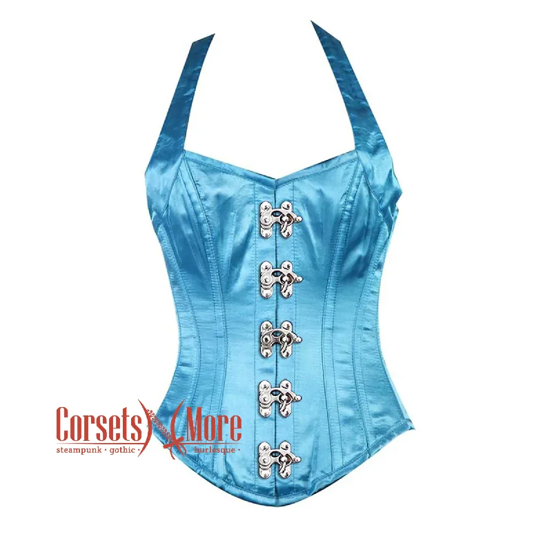 Corset dress for outdoor wedding-Baby Blue Satin Shoulder Strap Front Clasp Burlesque Overbust Corset Bustier Top