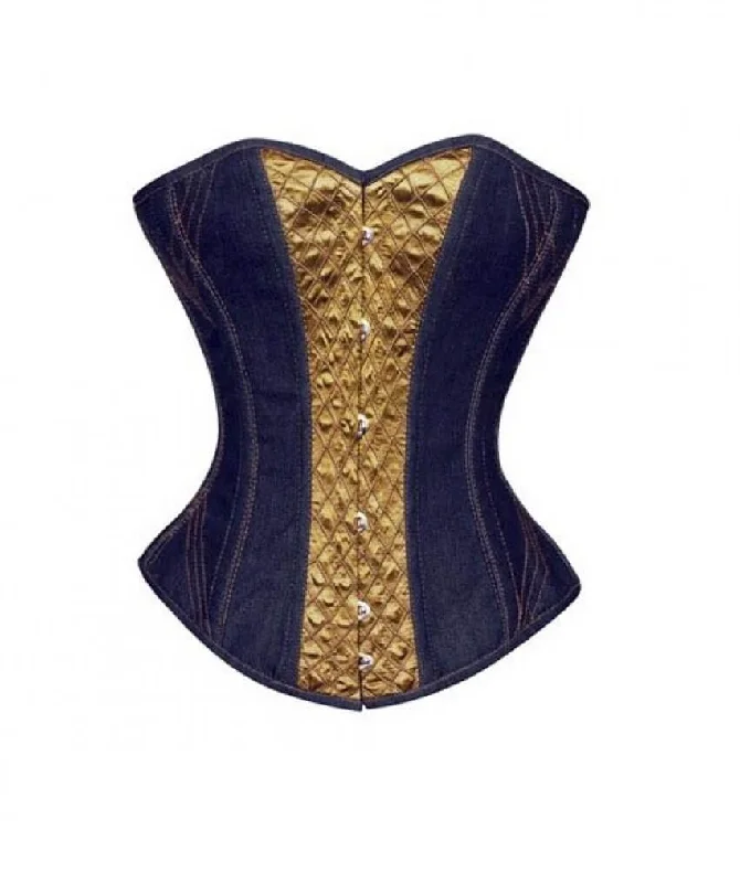 Corset with button details-Blue Denim Olive Green Satin Steampunk Corset Waist Training Overbust