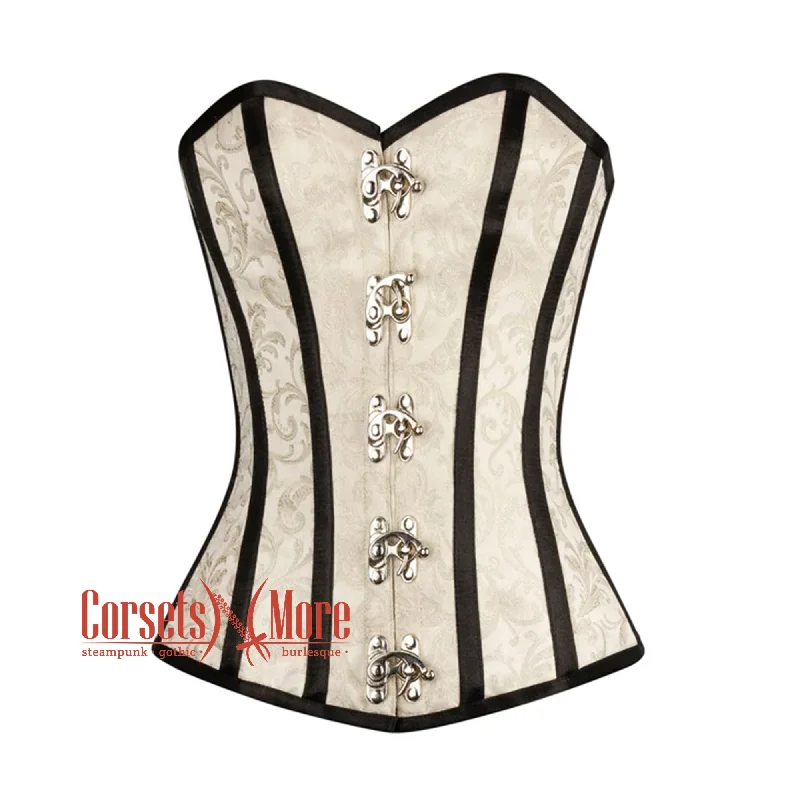 Corset top for clubbing-Ivory Brocade With Black Stripes Burlesque Gothic Overbust Corset Bustier Top