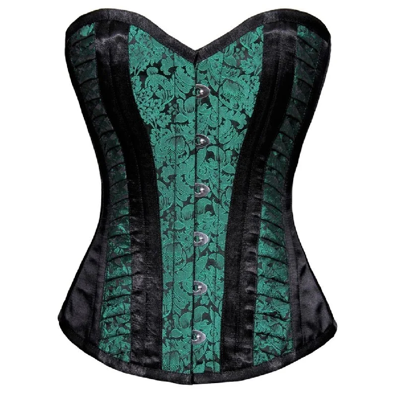 Corset with front hooks-Waes Green Brocade Overbust Corset