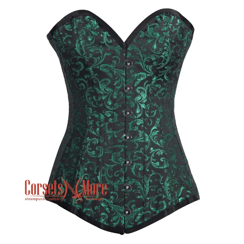 Corset with side lacing-Plus Size Green And Black Brocade Longline Gothic Corset Burlesque Overbust