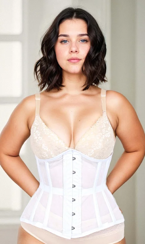 Corset in cream satin-Underbust White Mesh Longline Corset