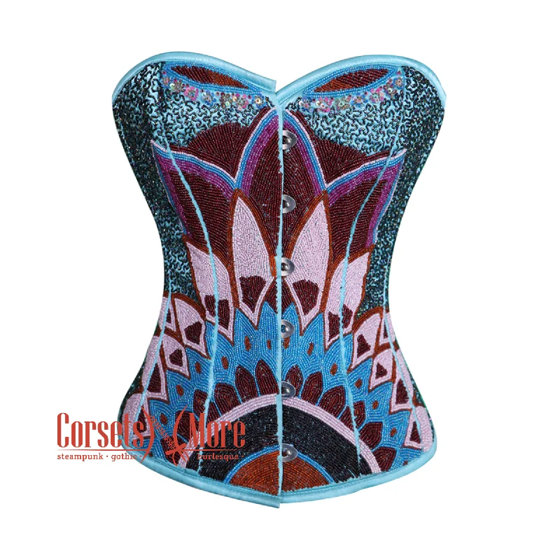 Corset for body sculpting-Plus Size Baby Blue Satin Sequins Work Burlesque Waist Training Gothic Overbust Corset Top